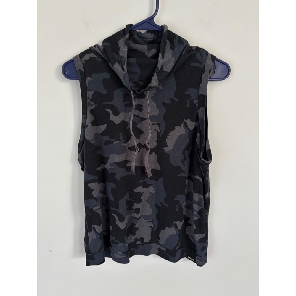 Prana Womens Camo Sleeveless Hoodie Hemp Tencel Blend Tank Top Gray Black Small
